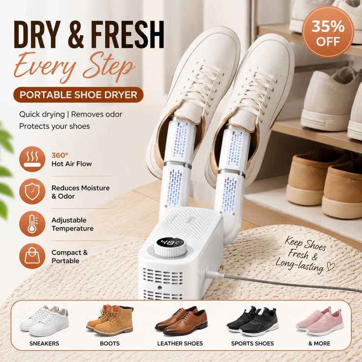 Portable Electric Shoe Dryer & Deodorizer | Fast Drying Shoe Warmer for Sneakers, Boots & Sports Shoes